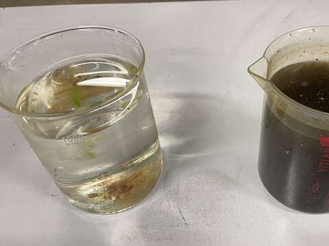 原污水（右）與放流水（左）比較圖(圖片來源：臺北市政府工務局衛生下水道工程處)