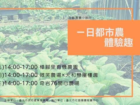 臺北市產業局社區食農小旅行「一日都市農體驗趣」今起開放民眾免費報名！