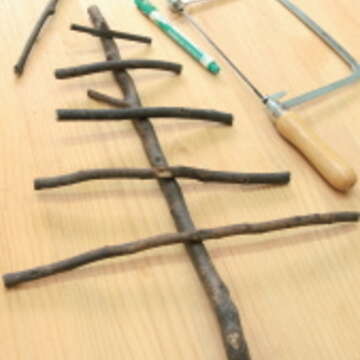 DIY 聖誕樹 3.再找五枝較細的樹枝作為橫向的枝幹,樹枝裁切好後,試著排列如圖,並在每個接觸點用奇異筆做上記號。(圖/葛晶瑩提供)
