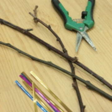 DIY 星星吊飾 1.準備細樹枝、束口鐵絲和園藝花剪。除了用現成的束口鐵絲外，也可以用一般的鐵絲來做。（圖／葛晶瑩提供）
