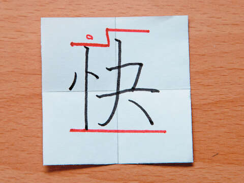 快：左右合體字，左窄右寬的結構，右邊稍微高一點，下方齊。