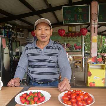 清香休閒農場園主與自產的草莓與小番茄