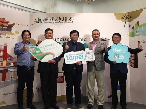 微遊雙城-台北推介會。左一、上海旅遊時報顧加額總編輯；左二、長榮航空林書弘華東首席代表；中、北市觀傳局劉奕霆局長；右二、上海市台辦李驍東副主任；右一、台北會議大使涂建國理事長