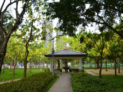 被阿勃勒圍繞的涼亭，彷彿藏在公園的一處仙境。