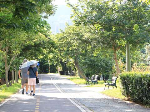 9沿途兩側綠帶種植許多喬木，散步其中也很舒服