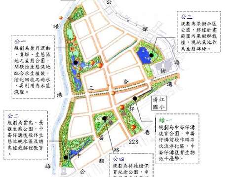 社區內公園規劃結合磺港溪、中崙仔溝、原有植生及原始地貌等資源，規劃成生態、防洪、防災功能之生態公園