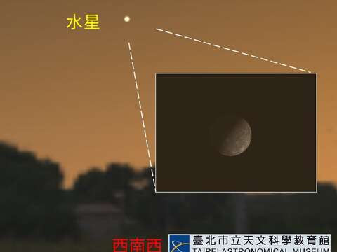 傍晚6時水星位於西南西方低空