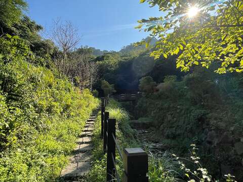 行走溪畔棧道，欣賞夕陽美景