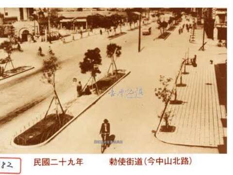 民國29年的敕使街道(勅使街道（今中山北路）。資料來源：國家圖書館臺灣記憶系統。1940。(2021-04-27)