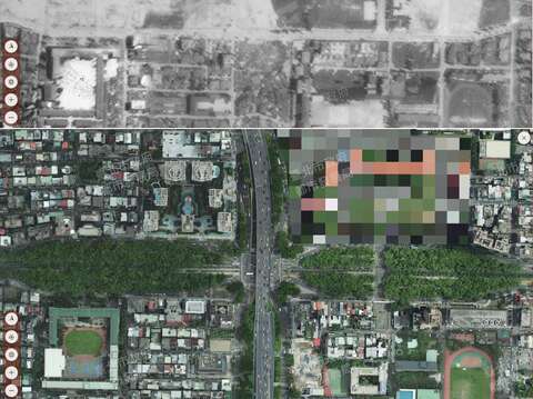 仁愛路3段古今對照，民國56年仁愛路3段拓寬為100公尺，是臺北市最寬敞的道路。(照片來源臺北市政府都市發展局歷史圖資展示系統)