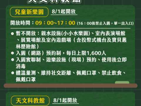 台北市社会教育及び教育娯楽施設 8/1より再開