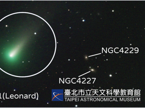 臺北天文館拍攝之雷納德彗星(圓框內)，右為兩個遙遠的背景星系