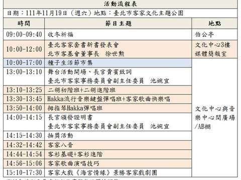1119收冬慶流程表(圖片來源：臺北市政府客家事務委員會)