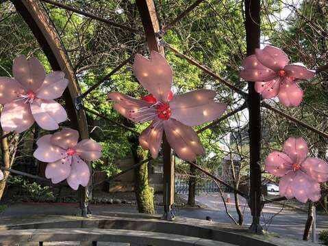 2023湖山光影節 櫻花花燈佈置(白天) (圖片來源：臺北市政府工務局公園路燈工程管理處)