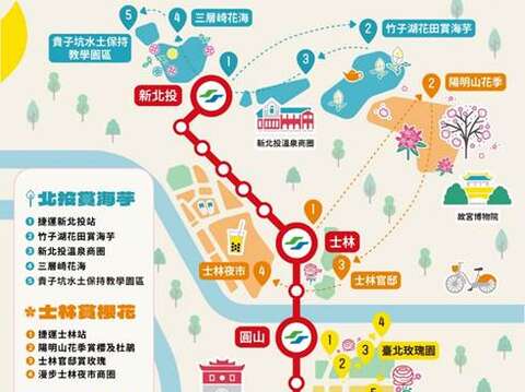 「花I N台北 」推出捷運紅線一日賞花趣地圖(圖片來源：臺北市政府工務局公園路燈工程管理處)