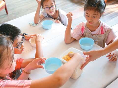小朋友在「隨野家」親手準備天然雞飼料。（攝影／賴智揚）
