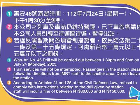 TRTC：MRT Stations to Restrict Entry During Wan-an No. 46 Drill