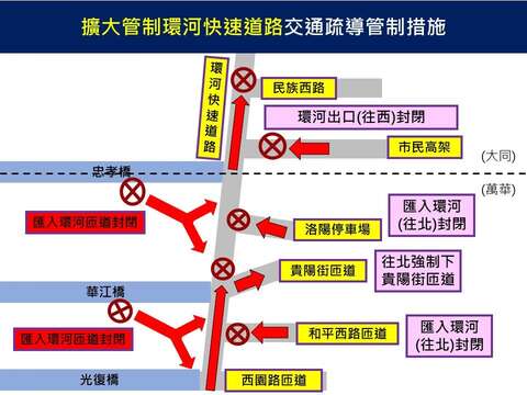 擴大管制環河快速道路交通管制措施圖(圖片來源：臺北市政府警察局交通警察大隊)