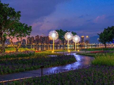 The nighttime illumination at the Yanping Riverside Sea of Flowers creates a unique and romantic ambience.