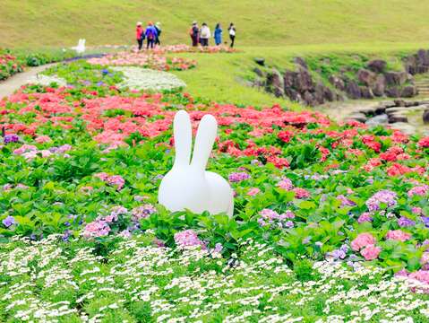 花叢間還有兔子造型的藝術裝置 讓花海更加生動活潑(圖片來源：臺北市政府工務局水利工程處)