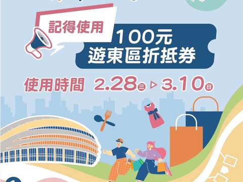 「遊東區折抵券」自2月28日至3月10日皆可至東區商圈特約店家不限消費金額使用折抵(圖片來源：臺北市商業處)