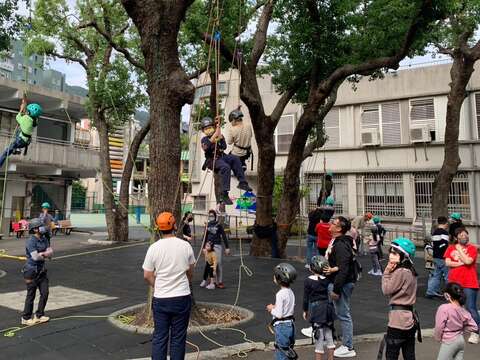 參與假日樂學活動的學生在校園進行攀樹體驗。(資料照)