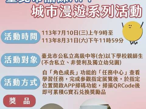 臺北建城140週年！北市酷課APP攜手各社教單位推出暑期城市漫遊學習任務換好禮活動(圖片來源：臺北市政府教育局)
