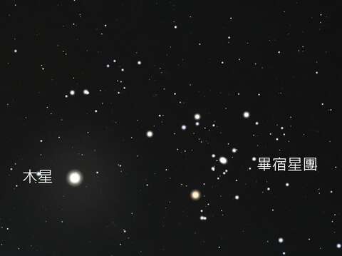 火星木星與昴宿畢宿星團(圖片來源：臺北市立天文科學教育館)