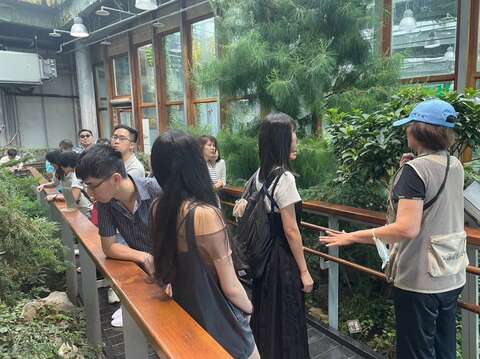 學員們一邊聽志工老師解說一邊觀察植物。(圖片來源：臺北市政府工務局公園路燈工程管理處)