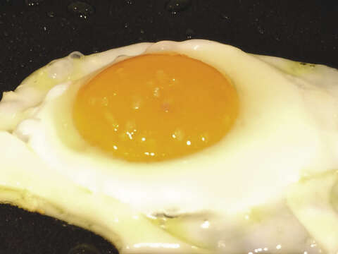 太陽蛋是單面煎蛋，蛋白熟、蛋黃半生，才能看得到蛋白包圍著蛋黃。（圖／焦桐提供）