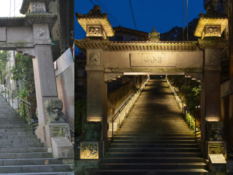 步道入口兩側扶手欄杆及燈槽，日夜呈現出不同的參道風景。(圖片來源：臺北市政府工務局大地工程處)