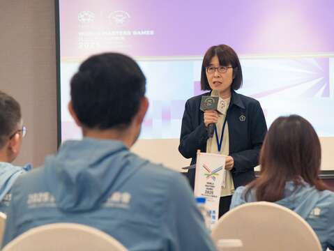 教育部體育署國際及兩岸運動組組長許秀玲致詞(圖片來源：臺北市政府體育局)