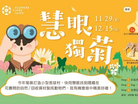 「菊光遍羽」中以孔雀搭配各色草花所布置而成的羽翼，加上夜間燈飾的造景，將鳥類之首的氣勢詮釋的維妙維肖(圖片來源：臺北市政府工務局公園路燈工程管理處)