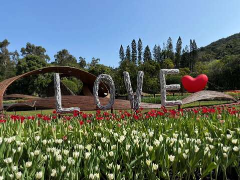 以LOVE搭配鬱金香，象徵把愛傳播到世界各國(圖片來源：臺北市政府工務局公園路燈工程管理處)