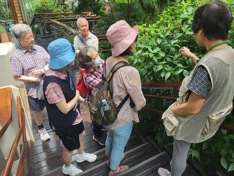 志工老師專業解說植物新知，有問必答。歡迎民眾預約免費團體導覽服務。(圖片來源：臺北市政府工務局公園路燈工程管理處)