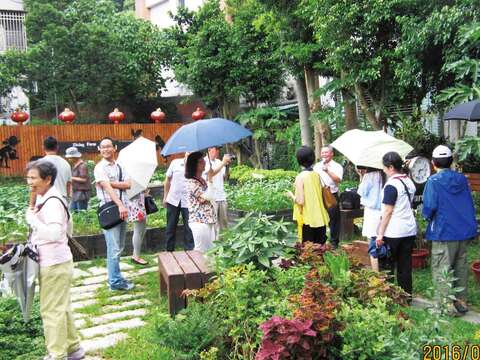 內湖區的民眾不畏炎熱，前往紫星農園等地實地勘察。（吳榮元攝，台北市政府民政局提供）