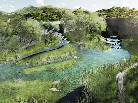 模擬示意圖-溪溝段植栽與水岸棲地