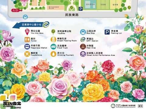 2025臺北玫瑰展全區導覽地圖清楚的標示臺北玫瑰園的6大展區(圖片來源：臺北市政府工務局公園路燈工程管理處)
