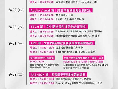 「潮對流 | 趨勢焦點TRENDY Talk」場次表(圖片來源：臺北市政府文化局)