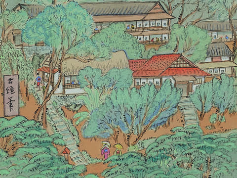P06-09 名畫探索-4鄉原古統的《臺北名所繪畫十二景-北投溫泉》描繪北投溫泉鄉地景。(臺北市立美術館典藏)