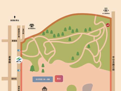 花博展區的禁菸範圍為花博公園圓山園區及周邊場域，東側至中山北路3段、南側至民族西路，西側含捷運圓山站1號出口往南至線形公園、捷運圓山站2號出口往北至庫倫街口、北側至草坪休憩區所圍區域，並均含人行通道。（圖片來源：臺北市政府觀光傳播局）