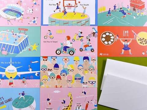 世大運紀念明信片一套10款，以手繪插畫風展現臺北魅力。