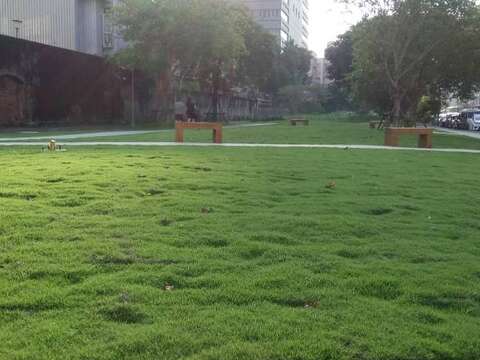 (圖3) 和煦陽光與開闊草坪配合圍牆遺址是臺北綠園道特色