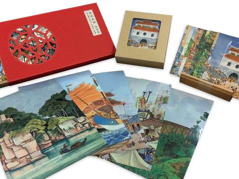 觀傳局針對「郭雪湖特展」推出多款紀念商品，具設計感的文件夾及2018桌曆相當受歡迎。