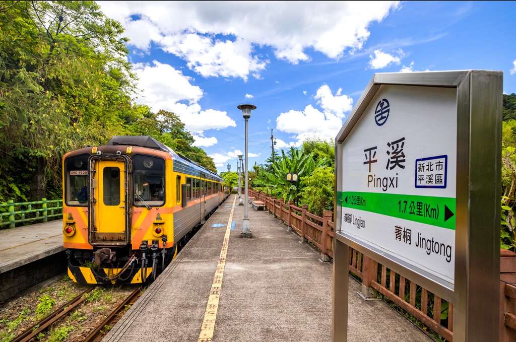 火車與平溪站牌(圖片來源：新北市觀光旅遊網)