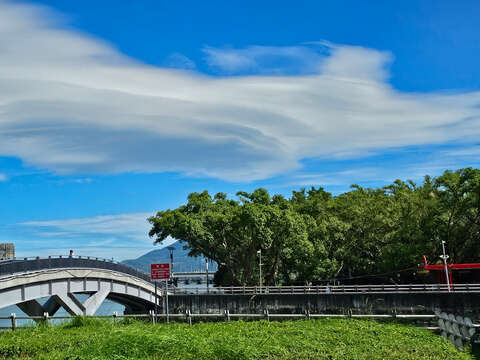 大稻埕碼頭周邊的河岸步道串連人行橋樑，綠意與水景交織