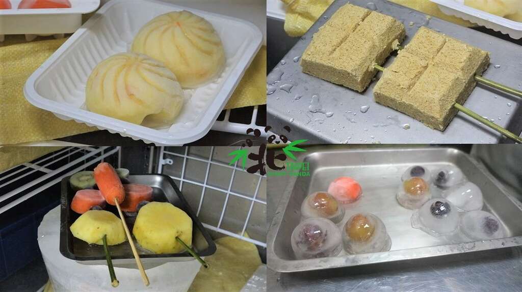 以窝窝头捏塑成深坑烤臭豆腐串、葡萄和综合水果丁取代粉圆和椰果