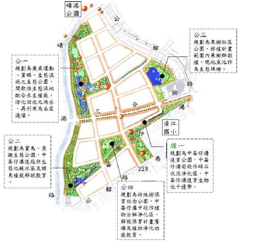社区内公园规划结合磺港溪、中崙仔沟、原有植生及原始地貌等资源，规划成生态、防洪、防灾功能之生态公园