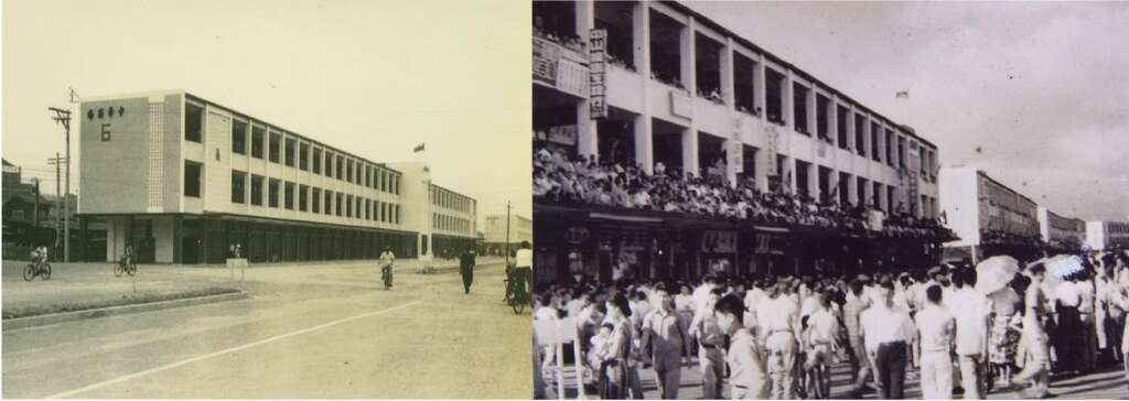 左为中华商场於1961年兴建落成 (杨克治提供)右为五花八门的看板及熙熙攘攘的人群(黄川村提供)