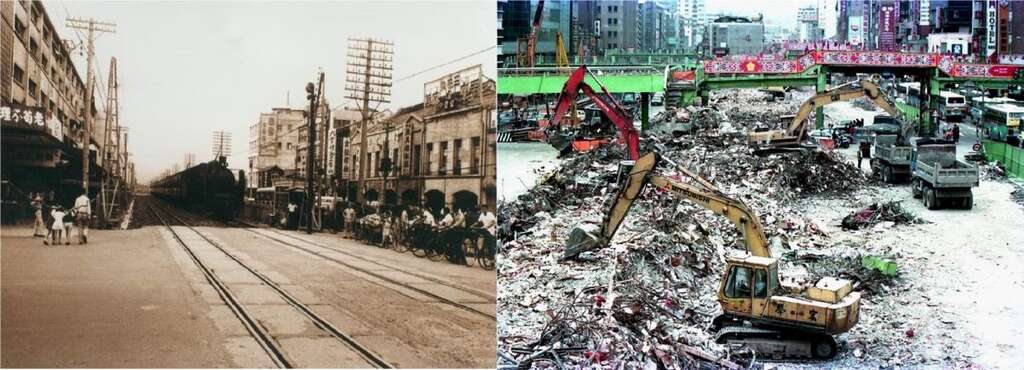 左為昔日中華商場及鐵路景觀(羅海洋提供)右為1992年拆除中的中華商場(鄭政雄提供)